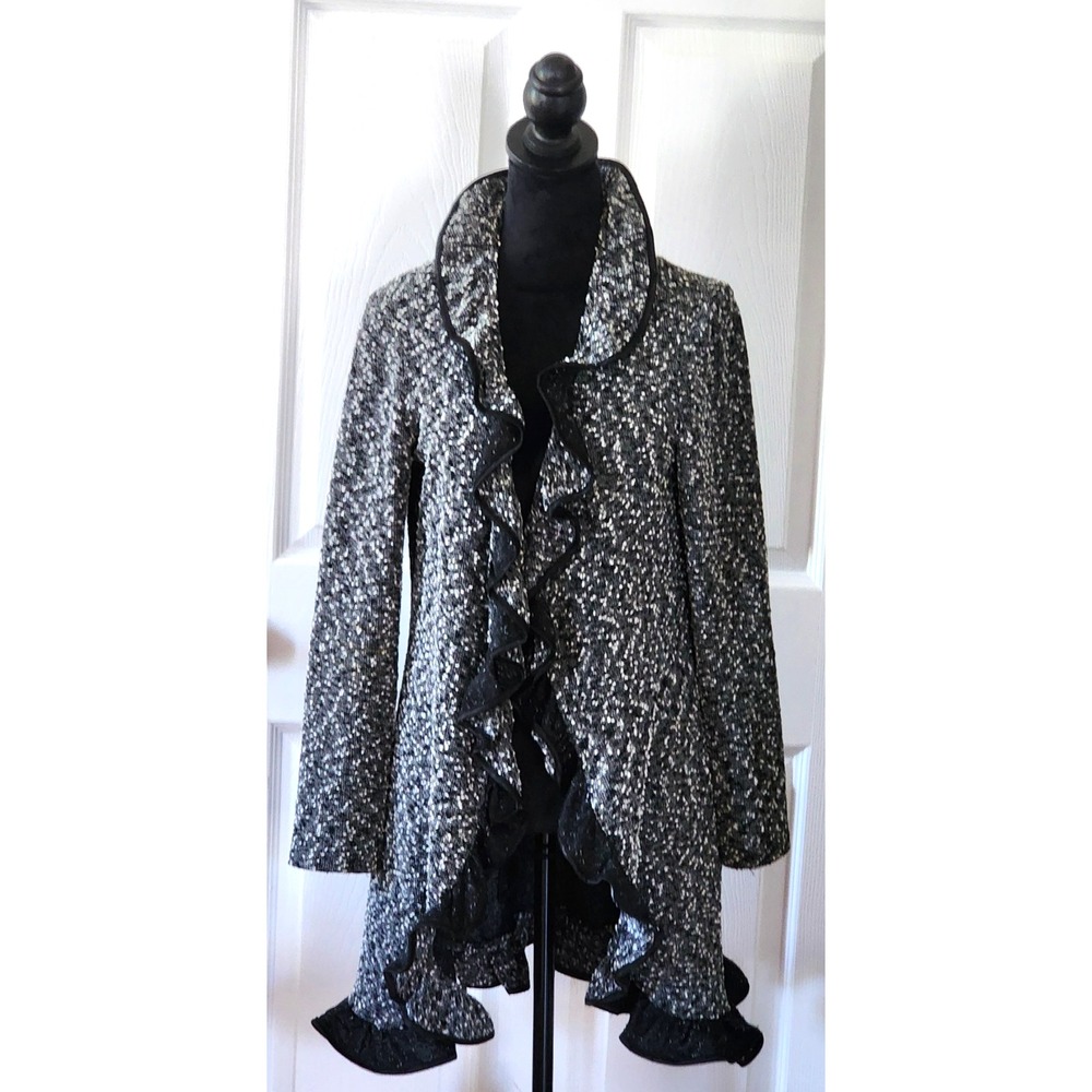 Joseph Ribkoff Jacket Lightweight Blk & Wht Tweed Ruffled Collar to Hem
